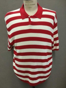 Mens, Polo Shirt, POLO RALPH LAUREN, Red, Cream, Cotton, Stripes - Horizontal , Knit, Short Sleeve,  Collar Attached,  1 Button At Neck,