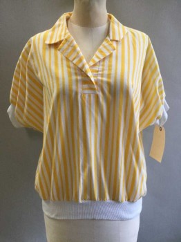 Separate Issue, Yellow, White, Cotton, Stripes - Vertical , Short Sleeve,  White Ribbed Knit Cuff and Hem, Collar Attached, Batwing Sleeves, Single Button On Placket, Woven Cotton Body
