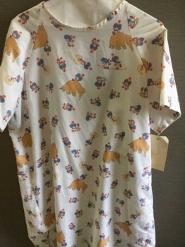 Unisex, Child, Patient Gown, White, Tan Brown, Blue, Red, Cotton, Graphic, L, Short Sleeve,  Clowns & Elephants Graphic, Lacing/Ties Up Backside, See Photo Attached,