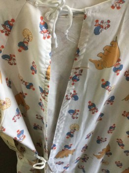 Unisex, Child, Patient Gown, White, Tan Brown, Blue, Red, Cotton, Graphic, L, Short Sleeve,  Clowns & Elephants Graphic, Lacing/Ties Up Backside, See Photo Attached,