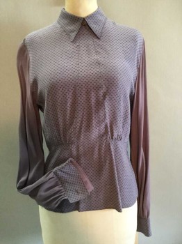 Womens, Blouse, MTO, Dusty Lavender, Dk Brown, Silk, Solid, Geometric, W 27, B 34, Long Sleeves, Collar Attached, Crepe, Printed Bodice, Solid Sleeves, Needs Cufflinks, Triple