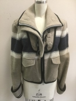Womens, Casual Jacket, VERONICA BEARD, Lt Brown, Navy Blue, Cream, Black, Nylon, Wool, Stripes, XS, Fleece Zip Up Jacket, Front Solid Lt Khaki U-shaped Panel with 4 Toggle & Loop, Black Jersey Trim, 2 Diagonal Pockets with Faux Flaps, Tab Button Cuff, High Neck