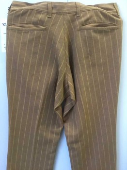 N/L, Brown, Mustard Yellow, Cotton, Stripes - Vertical , Flat Front, Zip Front, 4 Pockets, Belt Loops, Stains on Buns