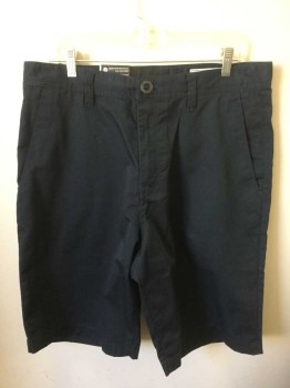 Mens, Shorts, VOLCOM, Midnight Blue, Cotton, Polyester, Solid, W:34, Twill, Flat Front, Zip Fly, 4 Pockets, 10" Inseam