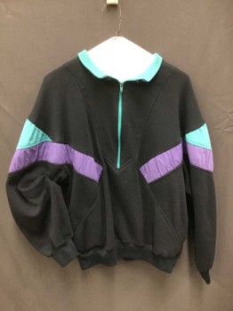CHAVER, Black, Mint Green, Purple, Cotton, Solid, Mint Ribb Knit Collar, with Mint Zipper Placet Front. Black Cotton Jersey  with Purple & Mint Broadcloth Panels In Chevron Design