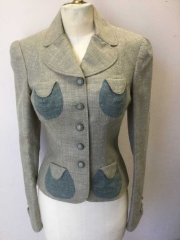 Womens, 1930s Vintage, Suit, Jacket, MTO, Taupe, Sea Foam Green, Cotton, Solid, W:28, B:35, Taupe with Specks of Seafoam and White, Long Sleeves, Single Breasted, 5 Fabric Covered Buttons, Seafoam Accents on 3 Rounded Patch Pockets and Buttons, Rounded Notch Lapel, Padded Shoulders, Light Peach Silk Lining, Made To Order Reproduction