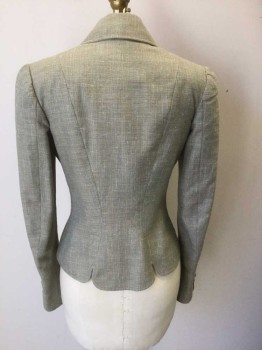 Womens, 1930s Vintage, Suit, Jacket, MTO, Taupe, Sea Foam Green, Cotton, Solid, W:28, B:35, Taupe with Specks of Seafoam and White, Long Sleeves, Single Breasted, 5 Fabric Covered Buttons, Seafoam Accents on 3 Rounded Patch Pockets and Buttons, Rounded Notch Lapel, Padded Shoulders, Light Peach Silk Lining, Made To Order Reproduction