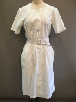 Womens, Nurses Dress, ELAN, Off White, Polyester, Cotton, Solid, 4, Short Sleeve, Shirtwaist, High Sweetheart Neckline, Pleated at Shoulders/Side of Neckline, Shoulder Pads, Elastic Waist, 2 Side Pockets, Knee Length, 1980's **2 Pieces: Comes with Matching Self Fabric Belt, 2" Wide, with Off White Plastic Buckle