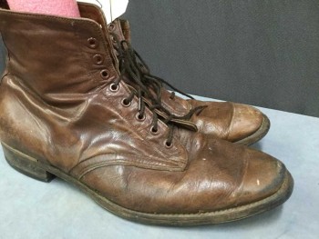 BAXTER, Brown, Leather, Solid, Round Toe, Lacing/Ties,  Low Stack Heel, Worn In,