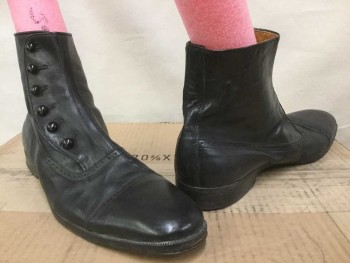 N/L, Black, Leather, Solid, Ankle Boots, Side Pearl  Buttons Closure, Cap Toe,