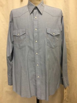 WRANGLER, Lt Blue, Cotton, Heathered, Heather Lt Blue, Snap Front, Collar Attached, 2 Flap Pockets, Long Sleeves,