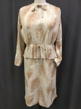 NO LABEL, Cream, Khaki Brown, Tan Brown, Lt Khaki Brn, Polyester, Abstract , Crew Neck with Keyhole & String Tie Center Front, Long Sleeves with Elastic, Skirt Length = Below the Knee, Pleated Peplum, Front of Bodice is Pleated, Cream Background with Pattern of Scattered Mico Chevrons & Square Dots,