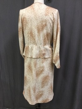 NO LABEL, Cream, Khaki Brown, Tan Brown, Lt Khaki Brn, Polyester, Abstract , Crew Neck with Keyhole & String Tie Center Front, Long Sleeves with Elastic, Skirt Length = Below the Knee, Pleated Peplum, Front of Bodice is Pleated, Cream Background with Pattern of Scattered Mico Chevrons & Square Dots,