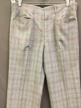 J.K., Gray, Cream, Cranberry Red, Wool, Cotton, Plaid, Flat Front, Zip Front, 2 Western Dropped Pockets in Front, 1 Flap Pocket Back, Deep Hem,