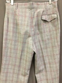 J.K., Gray, Cream, Cranberry Red, Wool, Cotton, Plaid, Flat Front, Zip Front, 2 Western Dropped Pockets in Front, 1 Flap Pocket Back, Deep Hem,