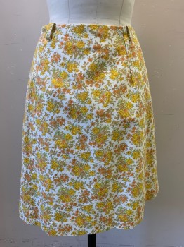 Womens, Skirt, N/L, Yellow, White, Orange, Lt Green, Cotton, Floral, H:36, W:26, Cotton Canvas, Floral Pattern, A-Line with Darts at Waist, Belt Loops, Knee Length,