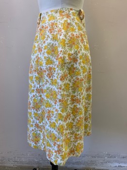 N/L, Yellow, White, Orange, Lt Green, Cotton, Floral, Cotton Canvas, Floral Pattern, A-Line with Darts at Waist, Belt Loops, Knee Length,
