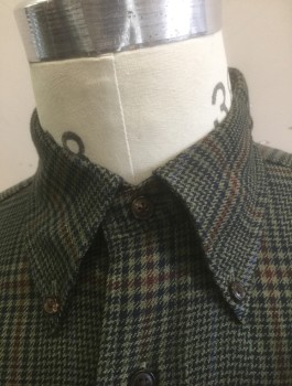 BROOKS BROTHERS, Olive Green, Navy Blue, Maroon Red, Cotton, Wool, Houndstooth, Plaid-  Windowpane, Flannel, Long Sleeve Button Front, Collar Attached, Button Down Collar, 1 Patch Pocket, Has a Double