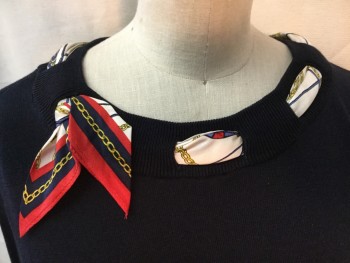 Womens, Pullover, TALBOTS, Navy Blue, White, Red, Yellow, Cotton, Tencel, Solid, Novelty Pattern, XS, Round Neck,  with Nautical Themed Scarf Woven Through, Long Sleeves,