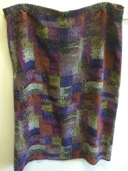 Womens, 1990s Vintage, Piece 1, MEL NAFTAL, Black, Purple, White, Orange, Yellow, Polyester, Novelty Pattern, Geometric, B34, 4, W27-29, Top, Button Front with Button Tab at Waist, Short Sleeves, V-neck,