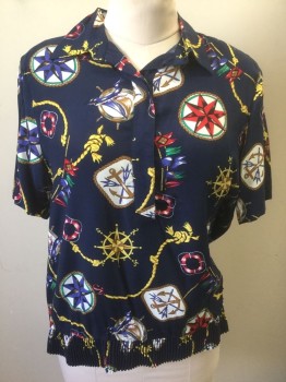 ALFRED DUNNER, Navy Blue, Multi-color, Rayon, Novelty Pattern, Navy with Nautical Pattern with Compasses, Sailboats, Anchors, Etc, Short Sleeves, 3 Button Front, Collar Attached, Elastic Waist,