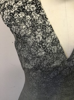 Womens, Dress, Sleeveless, PAUL SMITH, Gray, Black, Slate Gray, Wool, Floral, Ombre, B34, 4, W26, Floral Shoulders Disintegrating to Solid, V-neck, Cap Sleeve, Zip Back