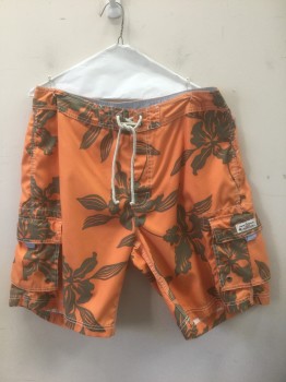 Mens, Swim Trunks, J.CREW, Orange, Olive Green, Polyester, Hawaiian Print, W:34, Light Gray Lacing/Ties at Center Front, Velcro Closure at Fly, 3 Pockets Including 2 Cargo Pockets at Hips, 9" Inseam