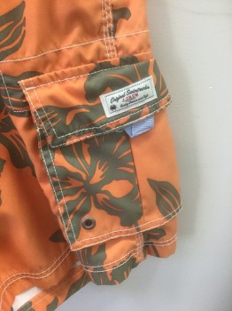 Mens, Swim Trunks, J.CREW, Orange, Olive Green, Polyester, Hawaiian Print, W:34, Light Gray Lacing/Ties at Center Front, Velcro Closure at Fly, 3 Pockets Including 2 Cargo Pockets at Hips, 9" Inseam