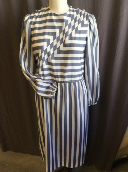 JT DRESS, Off White, Slate Blue, Polyester, Stripes - Horizontal , Diamonds, Crew Neck with 3 Light Bluish-Gray Buttons on Shoulder, Thin Stretched Out Elastic  Waist, Vertical Stripes Long Sleeves, & Skirt (Light Brown Stain Front Bottom (NO BELT)