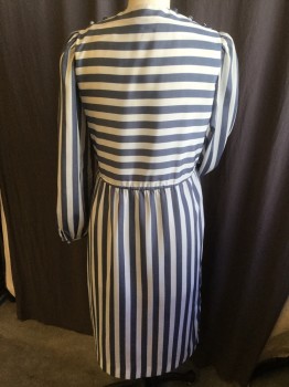 JT DRESS, Off White, Slate Blue, Polyester, Stripes - Horizontal , Diamonds, Crew Neck with 3 Light Bluish-Gray Buttons on Shoulder, Thin Stretched Out Elastic  Waist, Vertical Stripes Long Sleeves, & Skirt (Light Brown Stain Front Bottom (NO BELT)