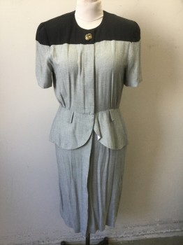 KATIE, Gray, Black, White, Polyester, Rayon, Check - Micro , Color Blocking, Black Panel on Shoulders, Short Sleeves, Shoulder Pads, 1 Large Gold Button at Neck, Peplum Waist, Knee Length, Retro 80's Does 1940's Look, NO BELT
