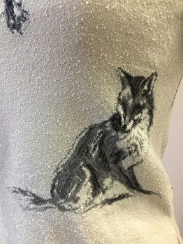 Womens, Pullover, CELINE, Ivory White, Gray, Black, Silk, Animals, B34, Small, Short Sleeves, Nubby Texture, Foxes Knit, Front Shorter Than the Back