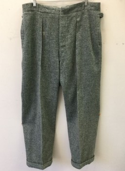 Mens, Pants, N/L, Slate Gray, Lt Gray, Black, Wool, Speckled, Ins:30, W:36, Single Pleated, Button Fly, 4 Pockets Including 1 Watch Pocket, Adjustable Straps at Side Waist, Tapered Leg, Cuffed Hem, **Has Stains at Knee Level/Fabric Repair Near Bttm of Fly