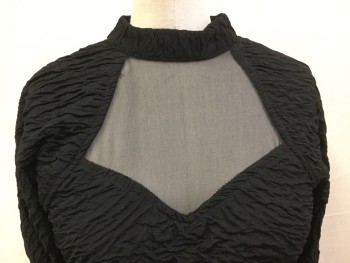 ABSOLUTELY, Black, Polyester, Acetate, Solid, Black Wrinkle Texture, Mock Neck, Black Sheer Cut Out Chest/cleavage, 3/4 Sleeves, Fitted, 2 Black Button @ Back Neck, Partial Open Back, Pull Over