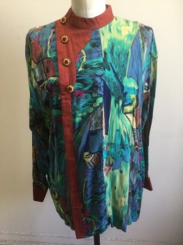 Mens, Club Shirt, AGGIO, Multi-color, Rayon, Abstract , N16.5, L, 32/33, Multicolor Impressionist Painting Style Pattern, Solid Maroon Band Collar and Off Center Button Placket, Long Sleeves, 4 Wooden Multifaceted Buttons with Red Painted Center, Hidden Velcro Closures,