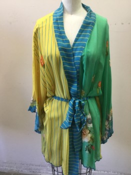 JOHNNY WAS, Yellow, Gray, Blue, Pink, White, Rayon, Floral, Stripes, Short Robe, Silky, Medium Blue Placket with Yellow Stripes, Floral Print, Scalloped Trim