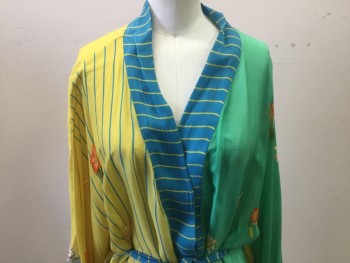 Womens, SPA Robe, JOHNNY WAS, Yellow, Gray, Blue, Pink, White, Rayon, Floral, Stripes, S, Short Robe, Silky, Medium Blue Placket with Yellow Stripes, Floral Print, Scalloped Trim