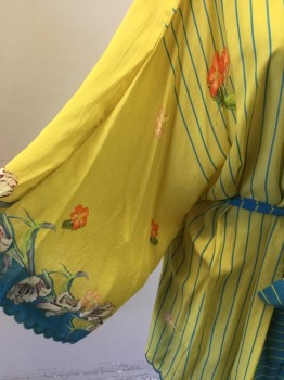Womens, SPA Robe, JOHNNY WAS, Yellow, Gray, Blue, Pink, White, Rayon, Floral, Stripes, S, Short Robe, Silky, Medium Blue Placket with Yellow Stripes, Floral Print, Scalloped Trim