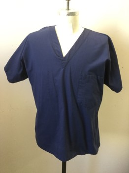 LANDAU, Navy Blue, Poly/Cotton, Solid, V-neck, Short Sleeves, 1 Pocket