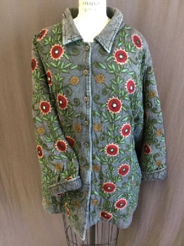 Womens, Casual Jacket, PAPILLION, Dk Blue, Forest Green, Lt Green, Red Burgundy, Tan Brown, Cotton, Novelty Pattern, Floral, M, Quilt-like, Collar Attached, Button Front, Long Sleeves, Solid Back