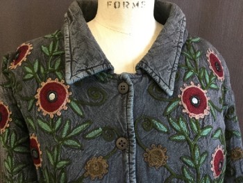 Womens, Casual Jacket, PAPILLION, Dk Blue, Forest Green, Lt Green, Red Burgundy, Tan Brown, Cotton, Novelty Pattern, Floral, M, Quilt-like, Collar Attached, Button Front, Long Sleeves, Solid Back