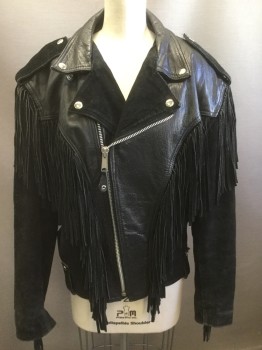 ASHY, Black, Leather, Suede, Solid, Peaked Lapel, Silver Snaps, Zip Front, Epaulets, Half Suede/ Half Leather, Suede Fringe