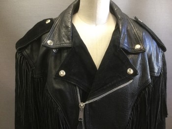 ASHY, Black, Leather, Suede, Solid, Peaked Lapel, Silver Snaps, Zip Front, Epaulets, Half Suede/ Half Leather, Suede Fringe