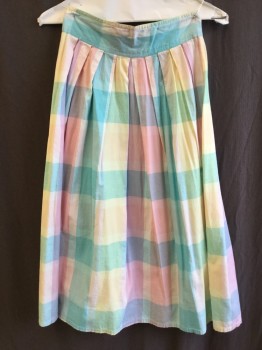 Womens, Skirt, ANNIE ROSE, Turquoise Blue, Pink, Lavender Purple, Yellow, Green, Cotton, Check , 24, 2" Waistband,, Pleats Released, Zip Back,