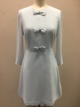 TED BAKER, Powder Blue, Polyester, Spandex, Solid, Sheer Chiffon 3/4 Sleeves, Opaque Body, Round Neck, 3 Self Fabric 3D Bows Vertically at Center Front, with Silver Metal Centers, Thin Grosgrain Band at Waistline, A-Line, Hem Above Knee