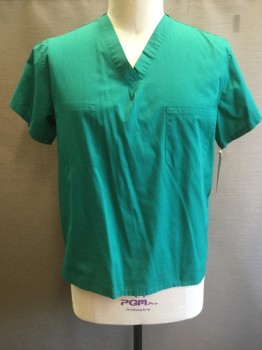N/L, Teal Green, Poly/Cotton, Solid, V-neck, 1 Pocket, Short Sleeves