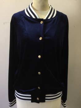 Womens, Casual Jacket, HONEY PUNCH, Navy Blue, Polyester, Spandex, Solid, Stripes, S, Navy Velvet, Snap Front, Raglan Long Sleeves, White/Navy Stripe Ribbed Knit Collar/Cuff/Waistband