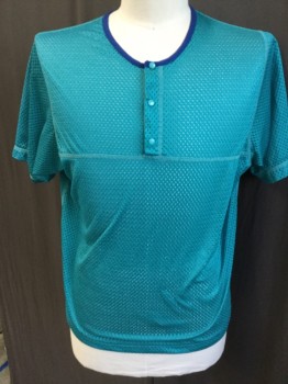 Mens, T-shirt, FG, Turquoise Blue, Royal Blue, Polyester, Solid, L, Turquoise Perforated, with Royal Blue Trim Crew Neck, 3 Snap Front, Short Sleeves,