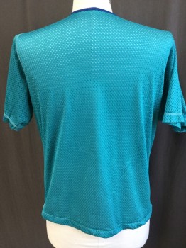 Mens, T-shirt, FG, Turquoise Blue, Royal Blue, Polyester, Solid, L, Turquoise Perforated, with Royal Blue Trim Crew Neck, 3 Snap Front, Short Sleeves,
