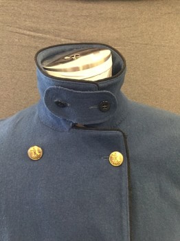 Mens, Uniform, Pc 1, N/L MTO, Blue, Wool, Solid, 42, POSTAL UNIFORM. BLAZER  Double Breasted, with 10 Gold  Postal Buttons  See Close Up. Black Whipcord Trim, 4 Pockets with Flaps. Detachable Button Flap in Self at Collar. 2 Small Buttons on Each Cuff. Black & White Hounds tooth Wool Lining